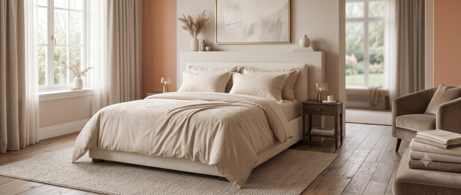 A bedroom styled with Sarah Collections bed linens
